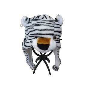 Cute White Tiger Plush Animal Character Winter Hat Fun Ski Cap with Detailed Ani